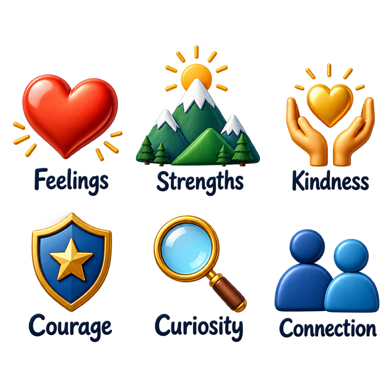 Feelings, strengths, kindness, courage, curiosity and connection