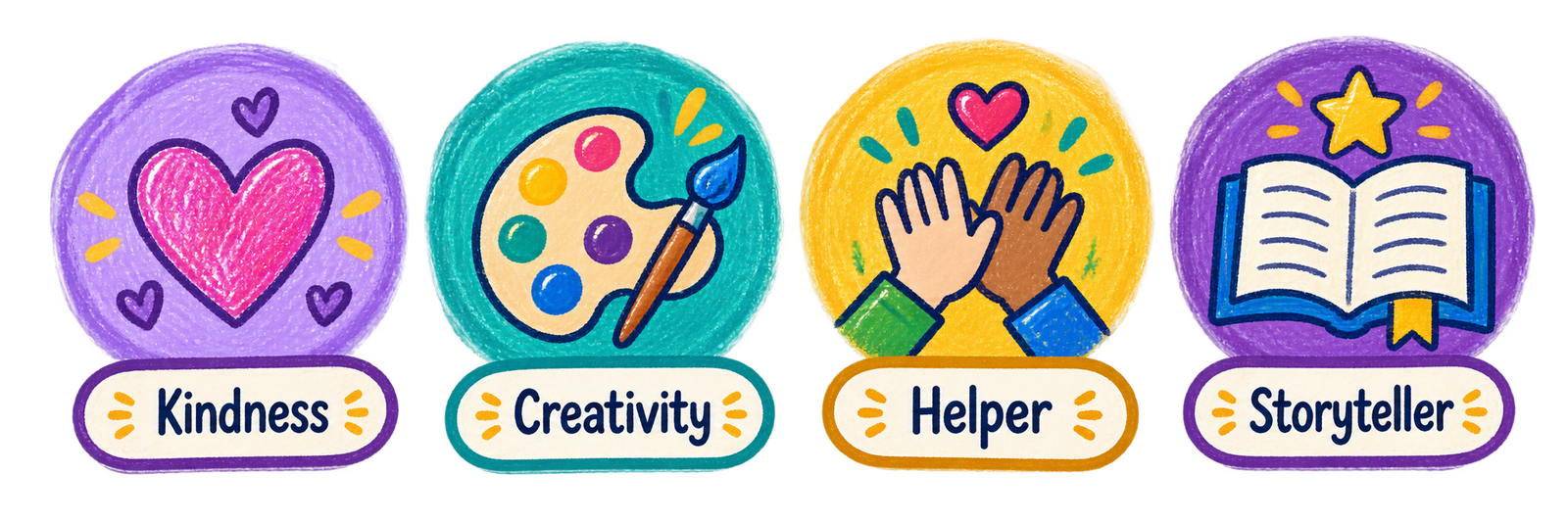 Kindness, Creativity, Helper and Storyteller badges