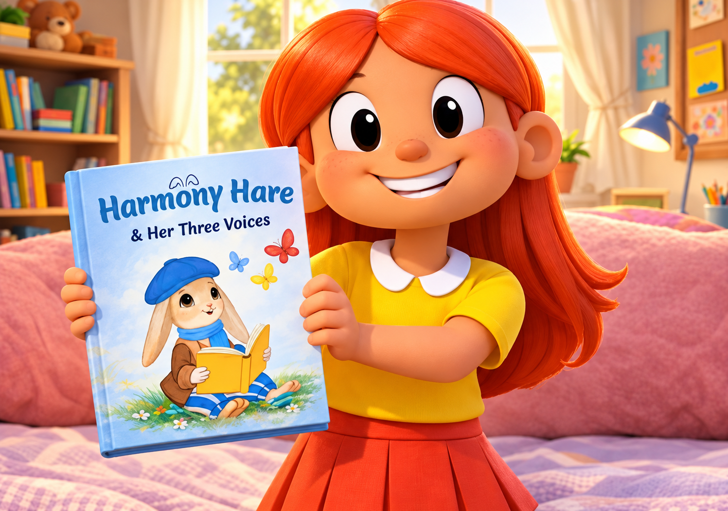 Harmony Hare in a cozy reading nook
